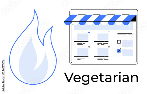 Blue flame icon next to an online store interface with various items for sale, highlighting favorite and selected products. Ideal for vegetarian products, e-commerce, online shopping, food trends