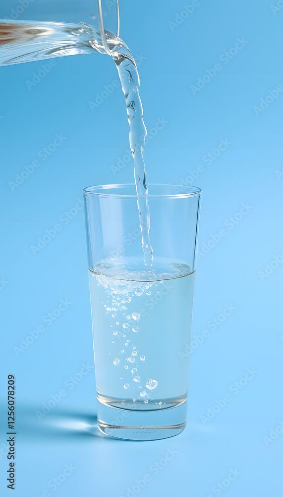 Water pouring into glass on a blue background, mindfulness theme. with white shades Water pouring into glass on a blue background, mindfulness theme. with white shades