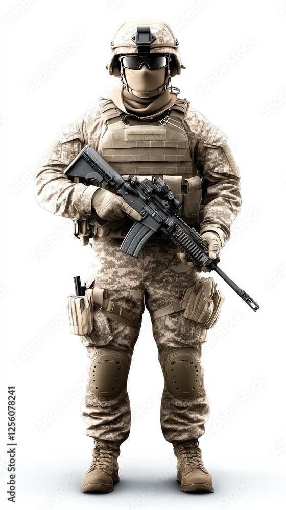 Soldier in tactical gear stands ready with rifle in uniform camouflage pattern during mission preparation in a controlled environment Soldier in tactical gear stands ready with rifle in uniform camouflage pattern during mission preparation in a controlled environment