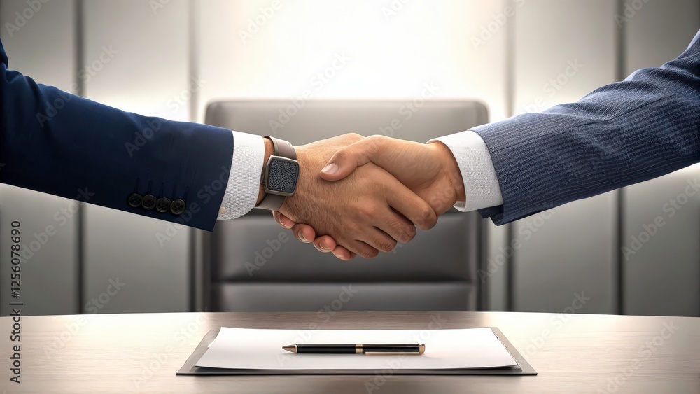 Two businessmen shaking hands over a signed contract. The image emphasizes the agreement and collaboration between the two individuals. Two businessmen shaking hands over a signed contract. The image emphasizes the agreement and collaboration between the two individuals.