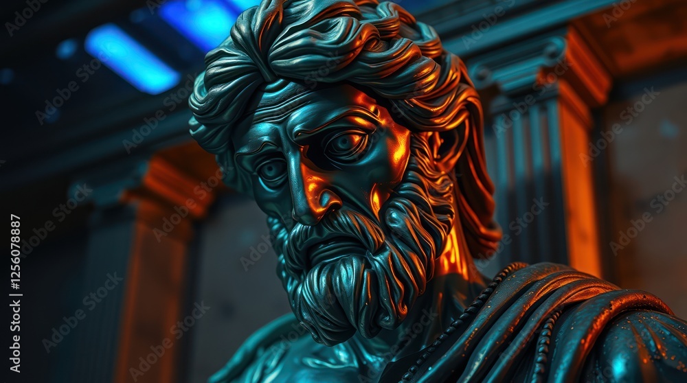 A close-up view of a detailed ancient statue depicting a bearded figure, illuminated dramatically in a historic setting A close-up view of a detailed ancient statue depicting a bearded figure, illuminated dramatically in a historic setting