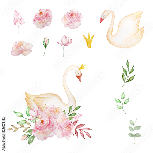 Watercolor White Princess Swan with crown, romantic bird with pink roses bouquet
