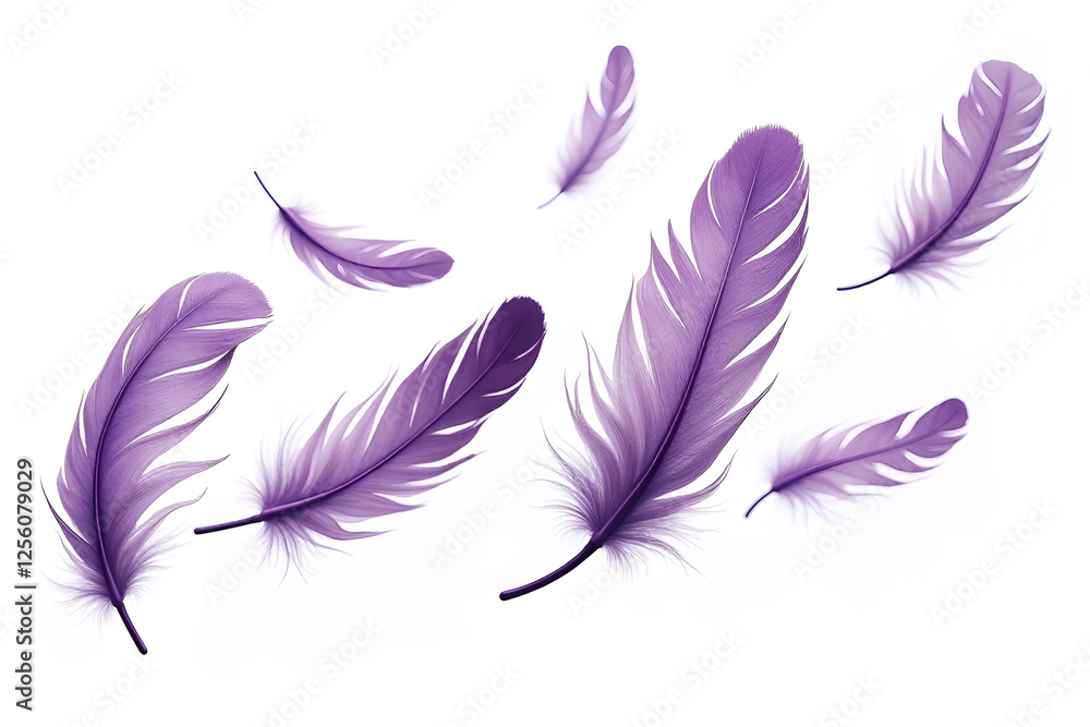 Hyper-realistic purple feathers floating against a white background. The feathers have intricate barbs, subtle shadows, and a silky texture, with variations in violet, lavender, and deep plum hues.
Hyper-realistic purple feathers floating against a white background. The feathers have intricate barbs, subtle shadows, and a silky texture, with variations in violet, lavender, and deep plum hues.