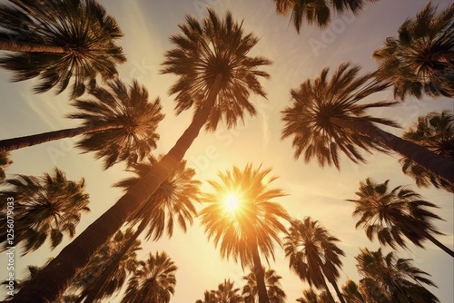 Palm Trees in Sunny Los Angeles: A Low-Angle Shot of California's Iconic Skyline on Beverly Hills Drive photo