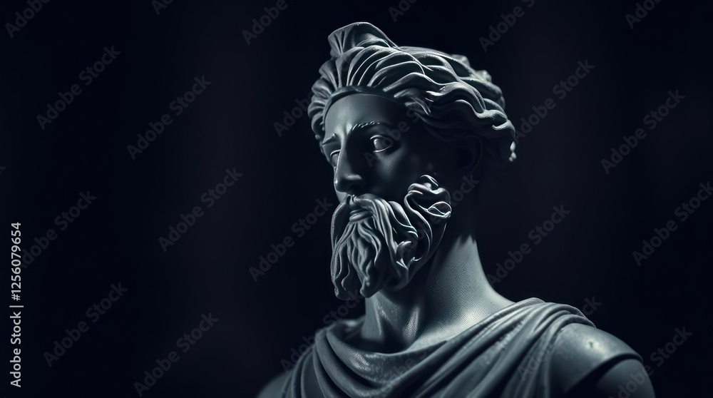 A close-up of a classical statue depicting a bearded figure in soft lighting, highlighting intricate details A close-up of a classical statue depicting a bearded figure in soft lighting, highlighting intricate details