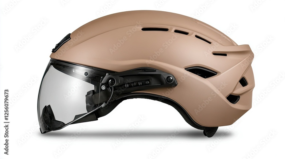 Safety helmet designed for outdoor activities with visor in protective beige color, suitable for various environments Safety helmet designed for outdoor activities with visor in protective beige color, suitable for various environments