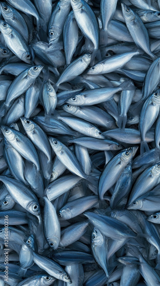 Obraz premium Various types of blue fish arranged closely together on a flat surface, showcasing their shiny scales and detailed features during early morning hours