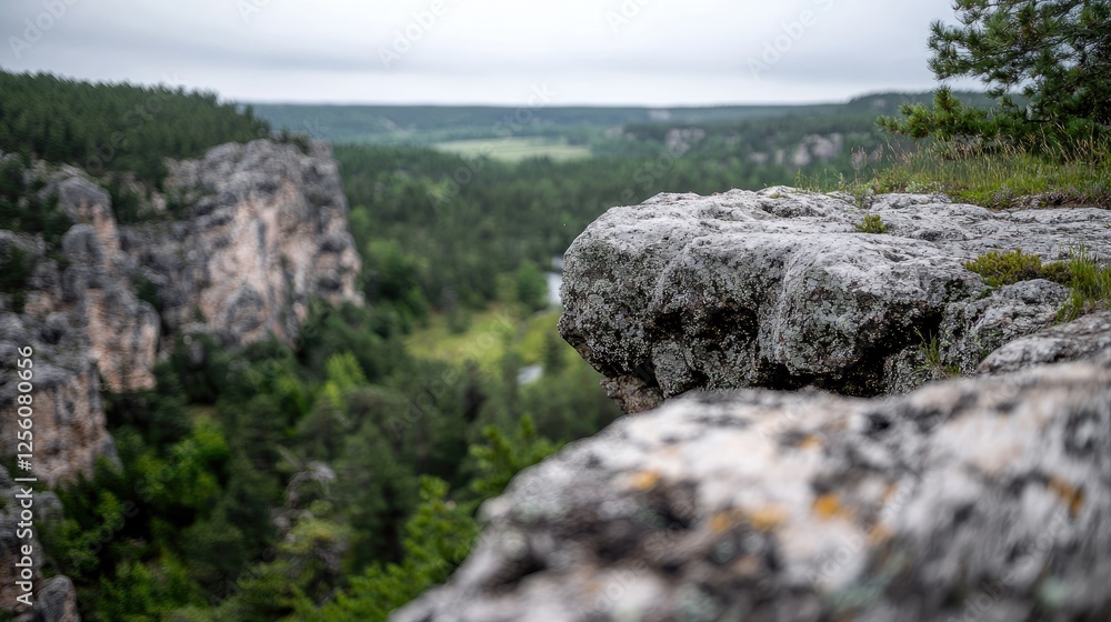 Rocky cliff overlooking valley, forest, and hills. Scenic view. Possible use Nature background Rocky cliff overlooking valley, forest, and hills. Scenic view. Possible use Nature background