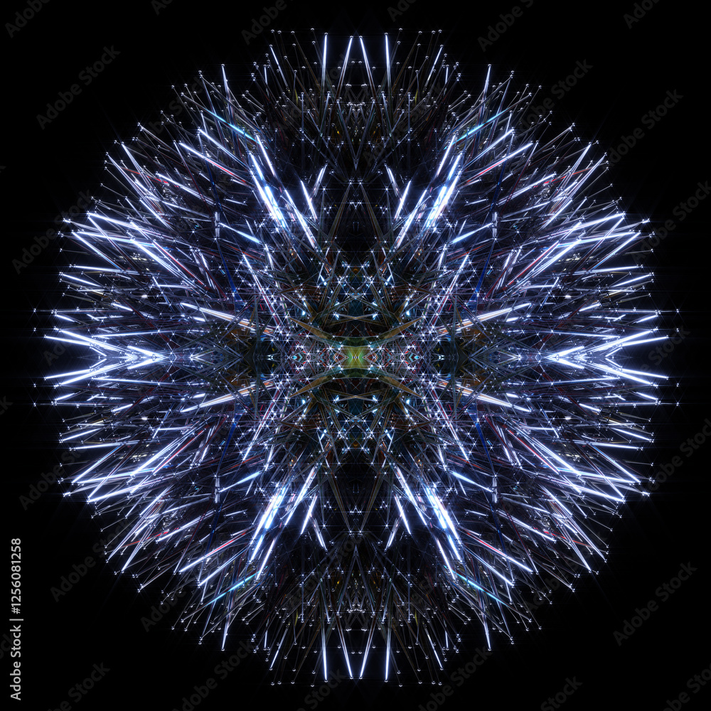 Obraz premium 3d render of abstract art with surreal alien secret ball or fractal sphere mechanism with sharp spikes in wire structure in glass plastic in neon blue white laser light inside on black background