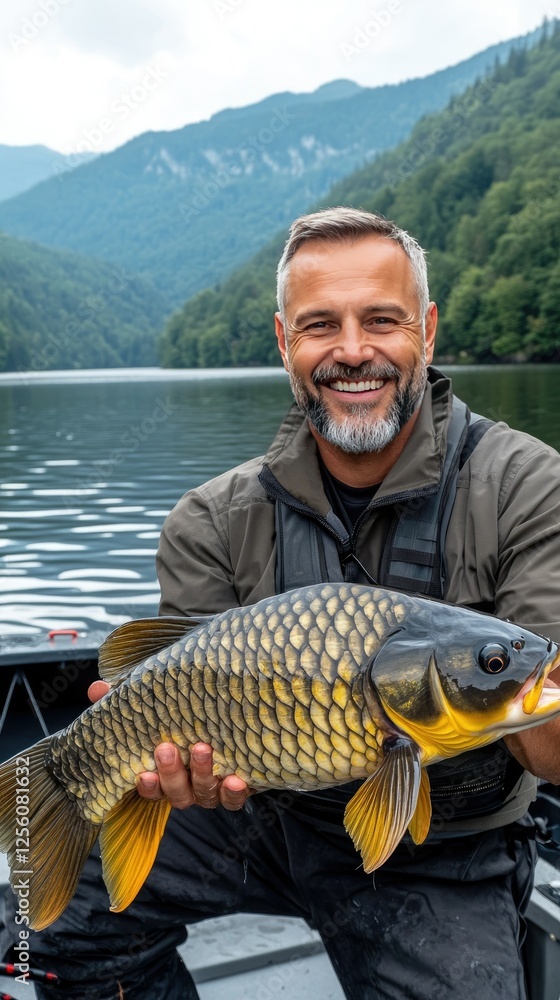 Man catches a large fish while fishing by a serene lake in a mountainous area during daylight, showcasing his excitement and connection with nature Man catches a large fish while fishing by a serene lake in a mountainous area during daylight, showcasing his excitement and connection with nature