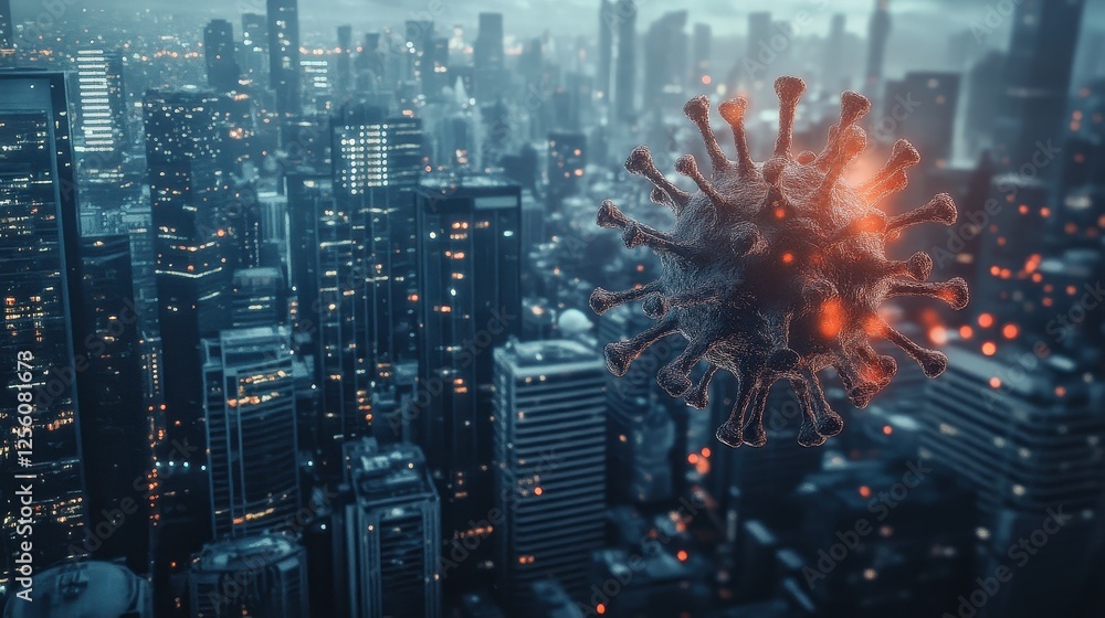 Obraz premium A virus on cityscape background.