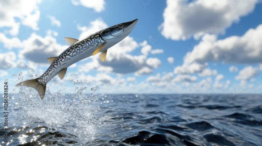 Obraz premium Fish jumps gracefully above the surface of the water under a bright blue sky filled with fluffy clouds on a sunny day
