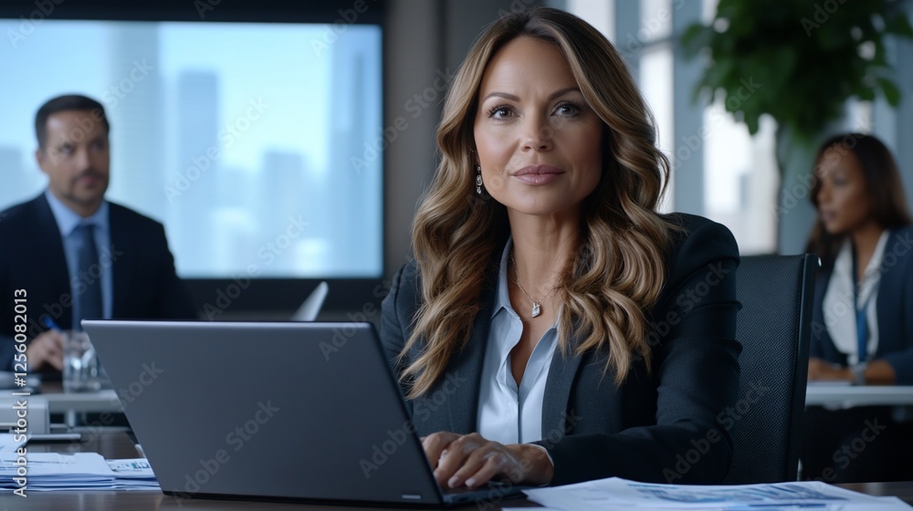 Confident businesswoman working on laptop in modern office. Confident businesswoman working on laptop in modern office.