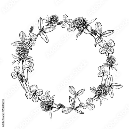 Wild flowering plant clover wreath with blooms and leaves. Hand drawn vector illustration. Sketch painted by black inks. Black line on white isolated background. For card logo package invitation