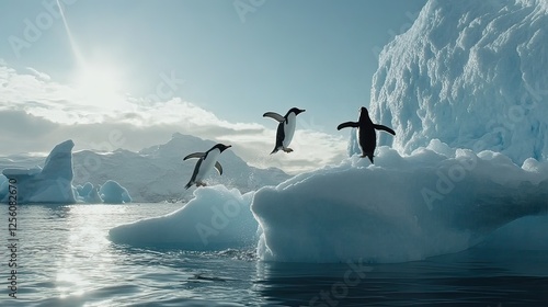 Antarctic penguins leap, icebergs, ocean, sunny sky, wildlife documentary