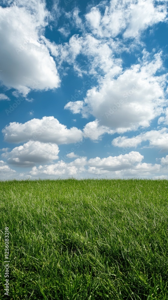 Obraz premium A vast, lush green field stretches beneath a brilliant blue sky, adorned with fluffy white clouds on a delightful sunny day