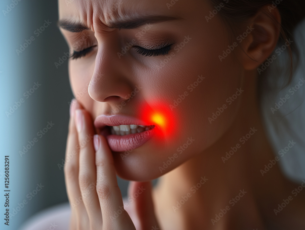 person holding their jaw in pain, experiencing discomfort with glowing red highlight on cheek. expression conveys distress and concern person holding their jaw in pain, experiencing discomfort with glowing red highlight on cheek. expression conveys distress and concern