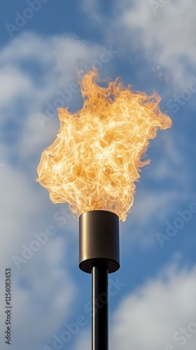 Flame lit at dusk on a towering torch in an outdoor gathering highlighting warmth and celebration among participants and spectators photo