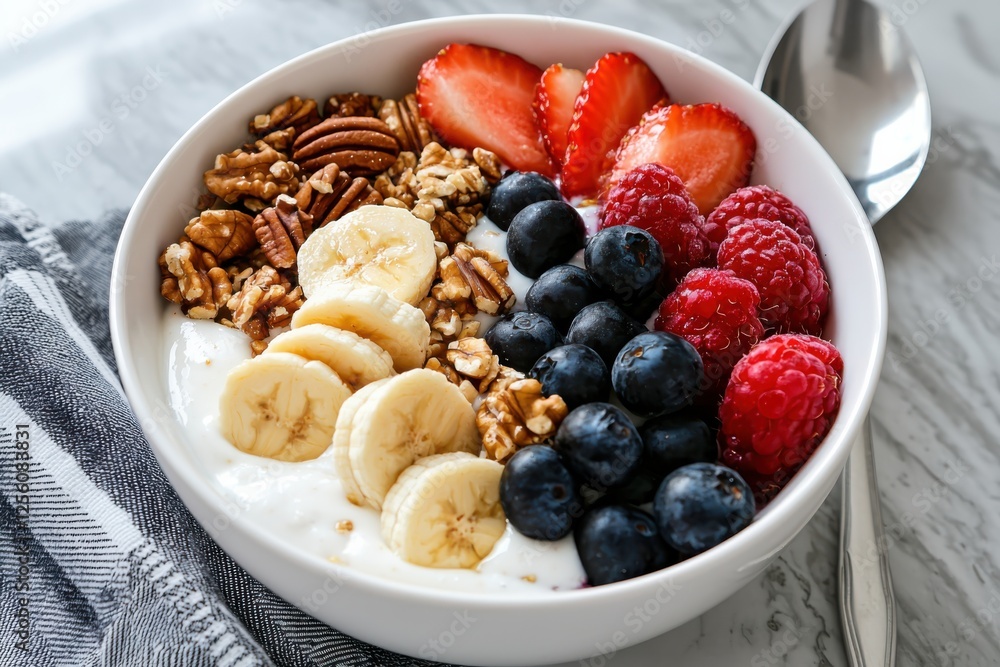 Heavenly smoothie bowl topped with nuts and fresh fruits brightly lit topdown capture food art kitchen setting Heavenly smoothie bowl topped with nuts and fresh fruits brightly lit topdown capture food art kitchen setting