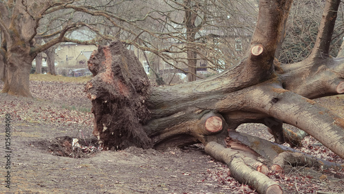 A large old tree has fallen in the park, uprooted by a fierce storm. The consequences of strong winds photo