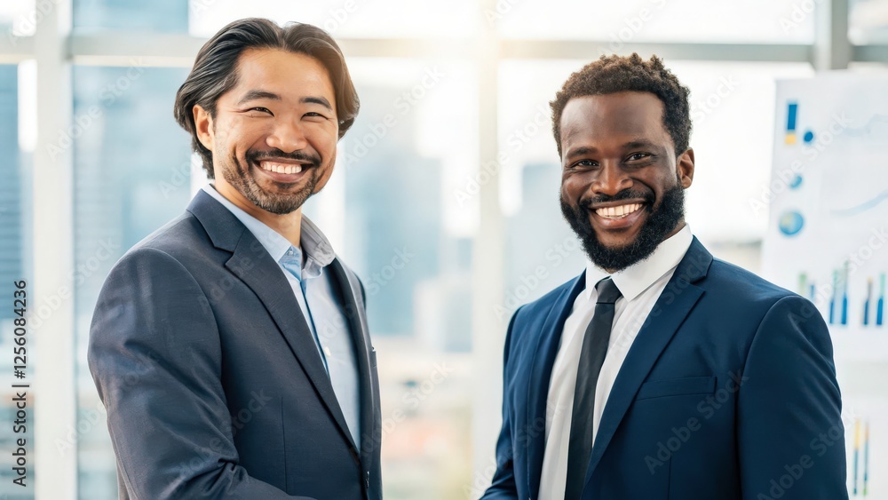 Two smiling businessmen shaking hands, showcasing a successful partnership and collaboration. The diverse pair exude confidence and success. Two smiling businessmen shaking hands, showcasing a successful partnership and collaboration. The diverse pair exude confidence and success.