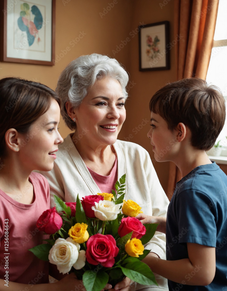 Grandchildren congratulate grandmother with bouquet of flowers, joyful and heartfelt, family holiday Grandchildren congratulate grandmother with bouquet of flowers, joyful and heartfelt, family holiday