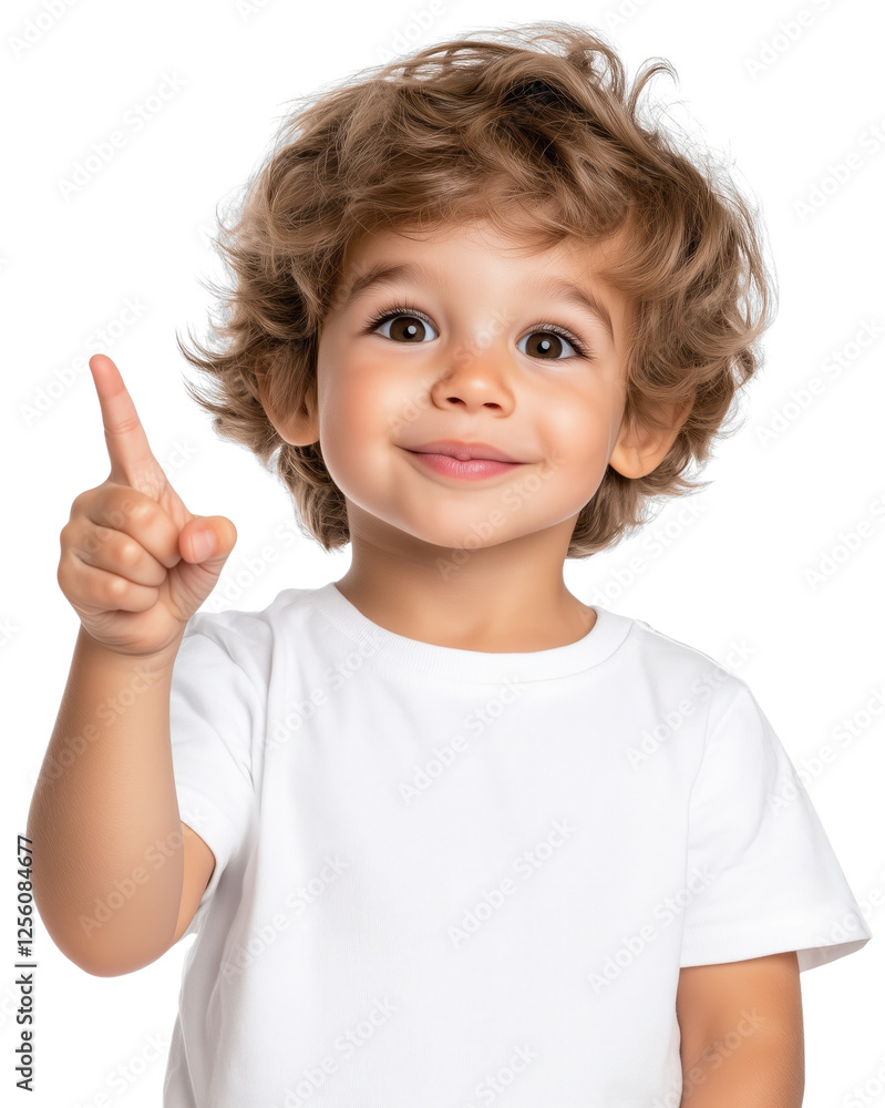 Child with curly hair pointing upward smiling brightly on a transparent background Child with curly hair pointing upward smiling brightly on a transparent background