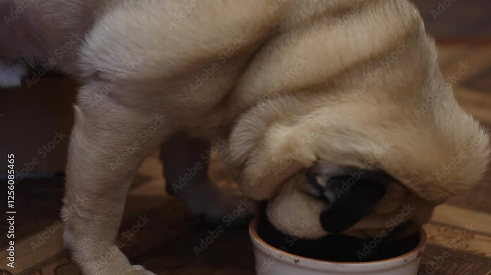adult brown pug eating from bowl while indoors, funny furry hungry dog ​​eating dog food from cup on floor