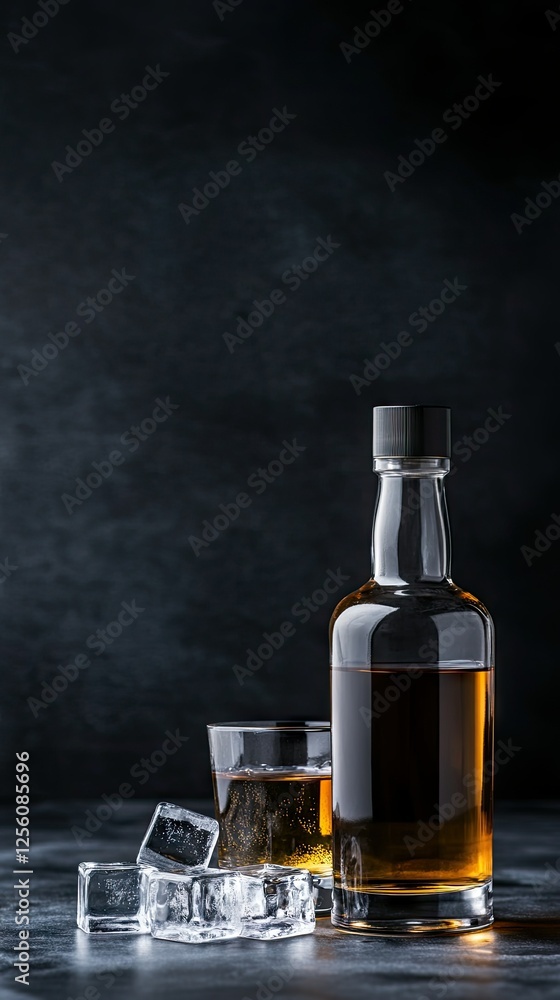 Dark background showcases a whiskey bottle and glass with ice cubes for a cozy evening drink experience Dark background showcases a whiskey bottle and glass with ice cubes for a cozy evening drink experience
