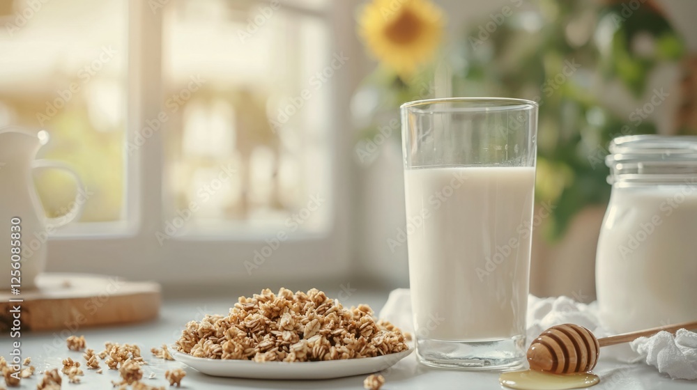 Fresh Milk with Granola and Honey on a Sunny Kitchen Table Fresh Milk with Granola and Honey on a Sunny Kitchen Table