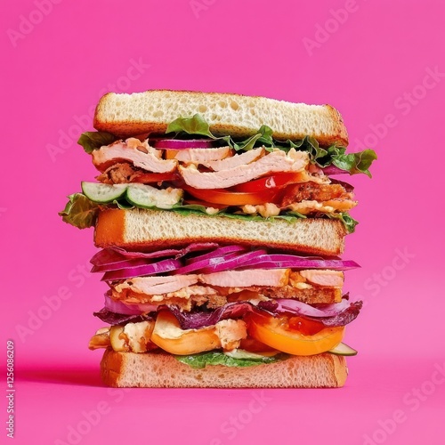 Epic Mega Layered Sandwich, photo in bright natural light against a bold colored background


 photo