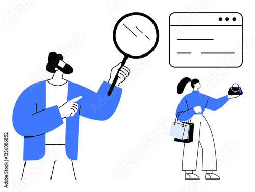 Man examining with magnifying glass, woman holding item and shopping bags near browser window. Ideal for customer reviews, product research, online shopping, UXUI design, virtual store concepts