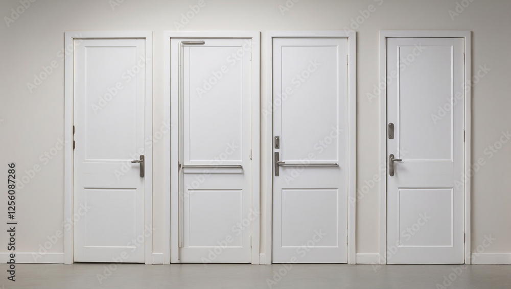 Two White Panel Doors, One Closed and One Open, Symbolizing Choices and Opportunities Two White Panel Doors, One Closed and One Open, Symbolizing Choices and Opportunities