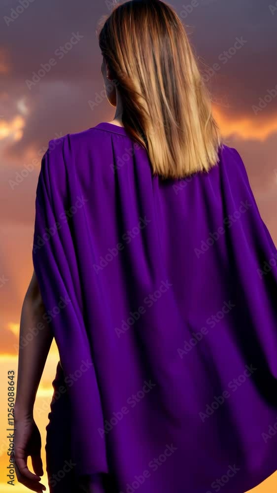 Woman in a flowing purple dress stands confidently in the desert at sunset, embodying empowerment and strength, symbolizing international women's day Woman in a flowing purple dress stands confidently in the desert at sunset, embodying empowerment and strength, symbolizing international women's day