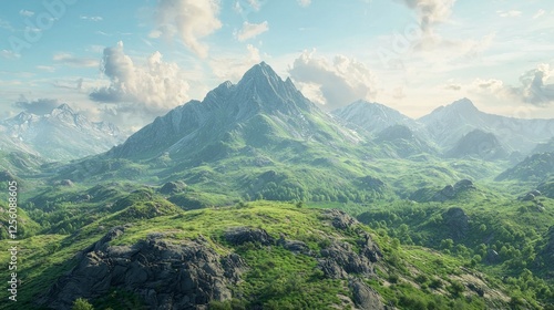 Wallpaper Mural Majestic Green Mountain Landscape with Clouds and Blue Sky Torontodigital.ca