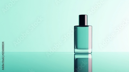 Sleek cosmetic bottle on reflective surface with pastel toned background and blank area for branding or text inclusion. Generative AI