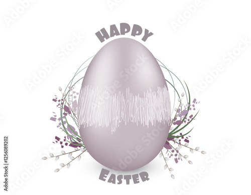 Pastel purple Easter egg with decorated with pussy willow and lavender. 'Happy Easter' text in a stylish font. Minimalist and festive design, perfect for greeting cards and seasonal decor