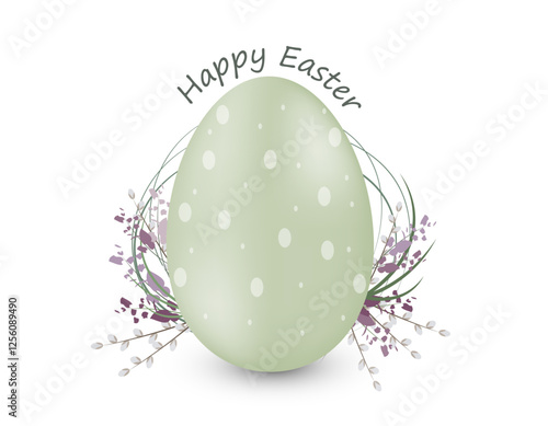 Pastel green Easter egg with polka dots, decorated with pussy willow and lavender. 'Happy Easter' text in a stylish font. Minimalist and festive design, perfect for greeting cards and seasonal decor