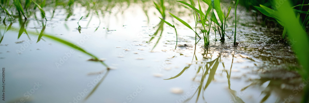 Flooded rice field reflects the sky with subtle ripples in a bright setting Flooded rice field reflects the sky with subtle ripples in a bright setting