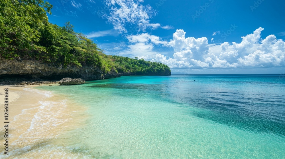 Fototapeta premium Tranquil Tropical Beach with Clear Water and Lush Green Landscape