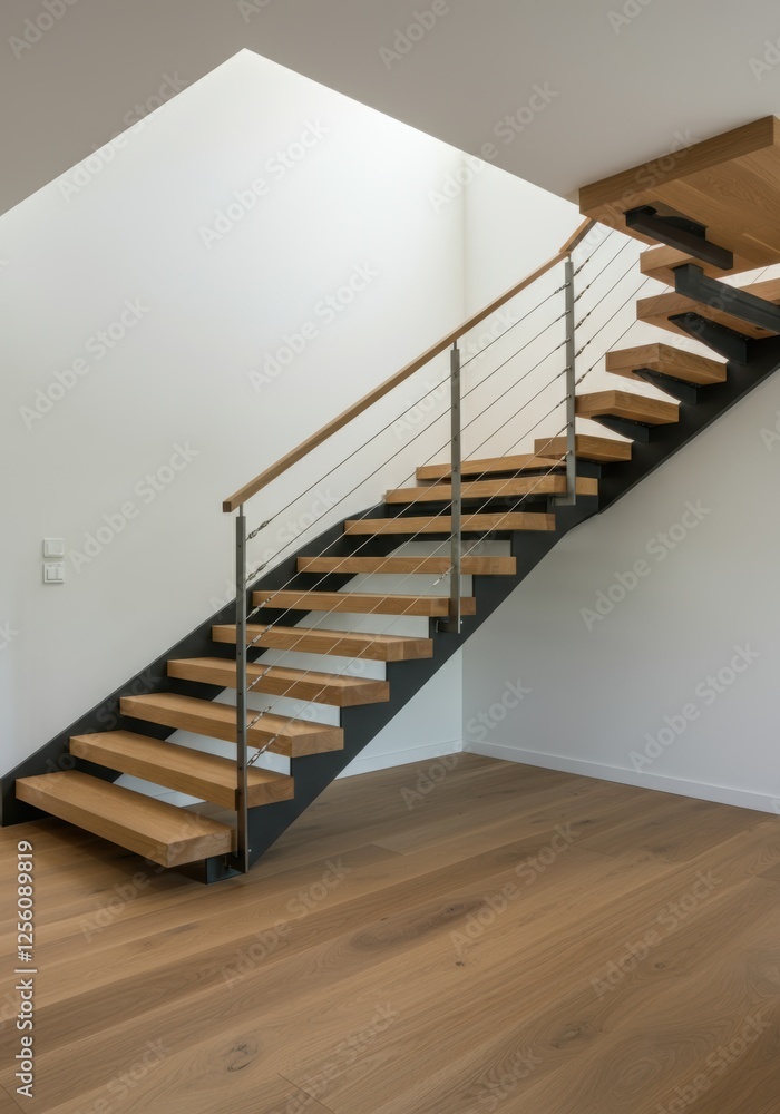 Modern wooden staircase in minimalistic interior Modern wooden staircase in minimalistic interior