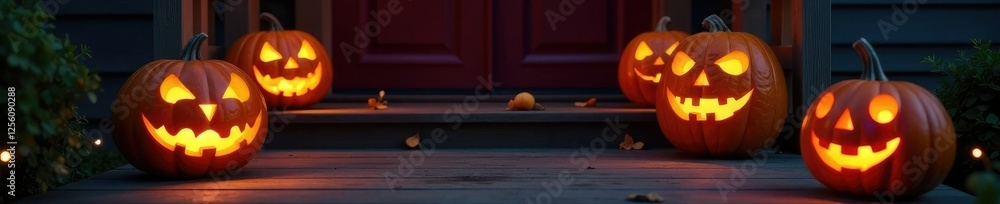 Glowing jack-o-lantern on a wooden porch step, pumpkins, Glowing jack-o-lantern on a wooden porch step, pumpkins,