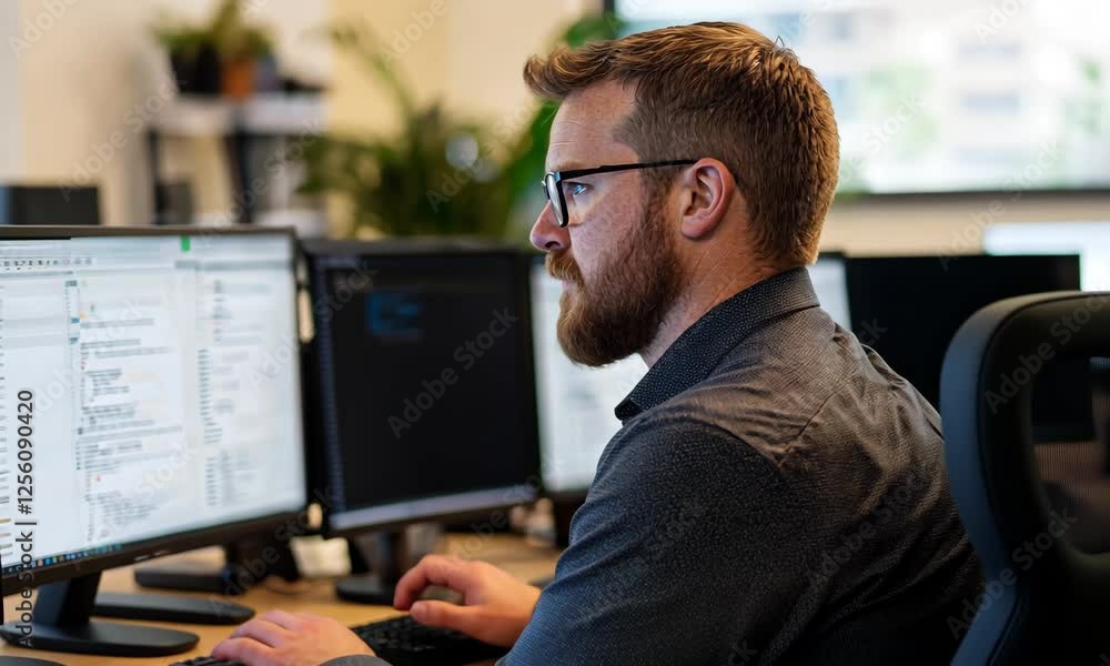 A focused man with glasses working carefully at his desk, surrounded by multiple monitors, encapsulating the essence of productivity and modern office lifestyle. A focused man with glasses working carefully at his desk, surrounded by multiple monitors, encapsulating the essence of productivity and modern office lifestyle.