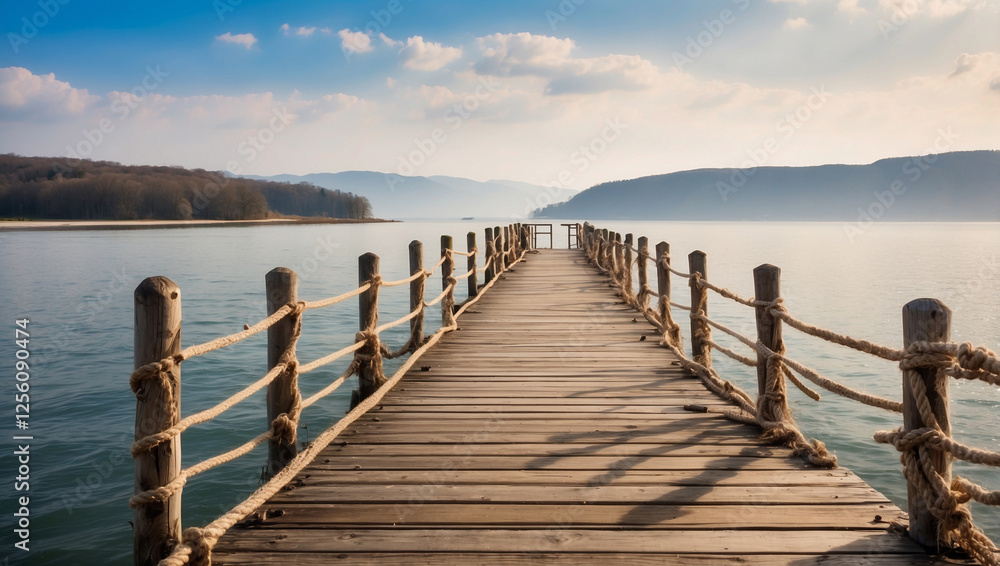 Elegant Weathered Wooden Pier with Rope Railings for a Picturesque Escape Elegant Weathered Wooden Pier with Rope Railings for a Picturesque Escape