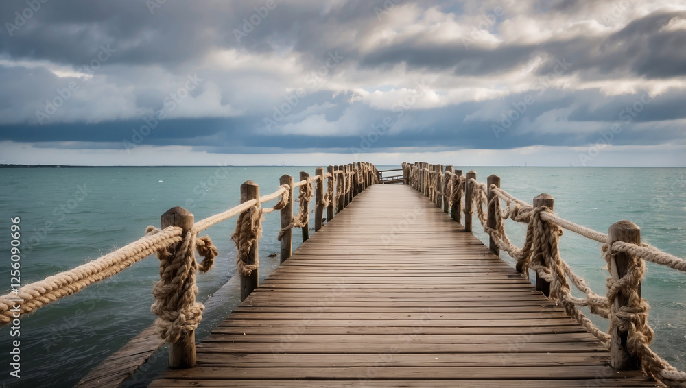 Picturesque Weathered Wooden Pier with Rope Railings for Scenic Views Picturesque Weathered Wooden Pier with Rope Railings for Scenic Views