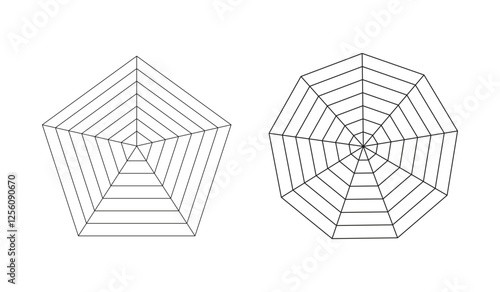 Pentagon, enneagon radars, spider diagram templates. Spider mesh layout. Polygon graphs mockup. Diagrams for statistic, analytic. Blank radar charts. Coaching tool. Grid with segments.