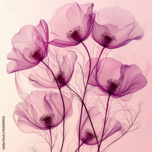 Translucent pink poppies on a soft gradient background, ideal for art prints