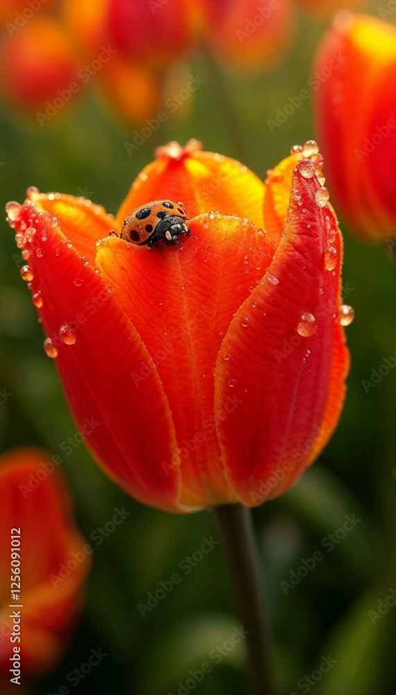 Ladybug on vibrant orange tulip with dew drops in a colorful spring garden Ladybug on vibrant orange tulip with dew drops in a colorful spring garden