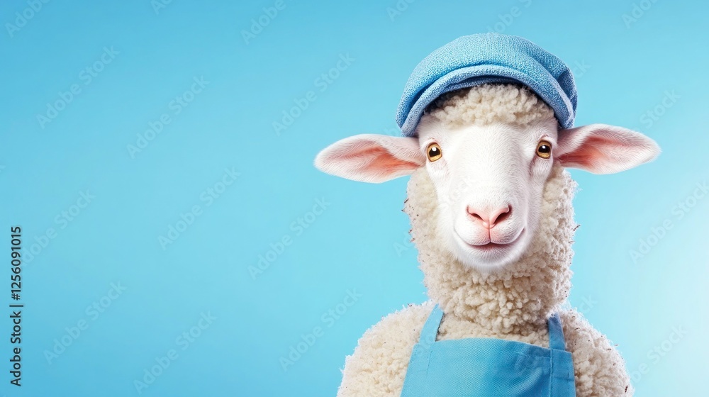 Fototapeta premium Adorable Sheep In Chef Hat Against Blue Backdrop