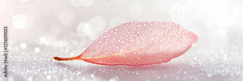 Dew-covered sakura petal glistens on bright white surface for a serene display